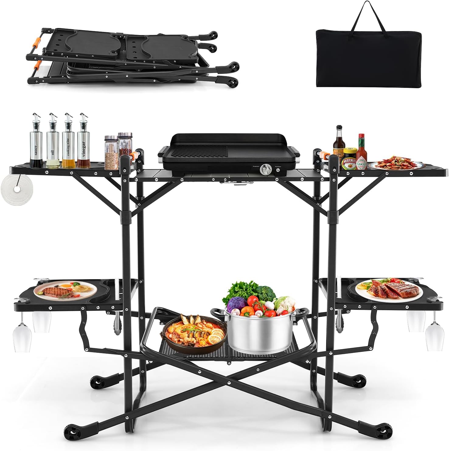 Outdoor Camping Kitchen Setup - Portable Outdoor Folding Cooking Table with